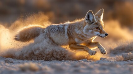 A swift fox running through desert sand at sunset, dust billowing around its paws.