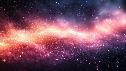Abstract cosmic nebula with vibrant pink, orange, and purple glitter.