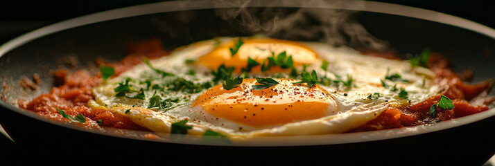 A mouthwatering skillet of shakshuka sizzling on the stovetop, the spiced sauce releasing fragrant
