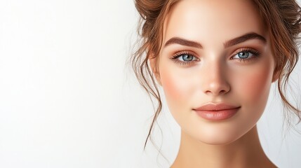 Naklejka premium pretty brunette hair Caucasian woman with radiant flawless skin, facial and skincare beauty industrial model portrait on soft light background