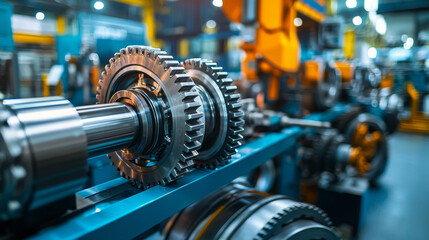 Gear System. Industrial gears in factory setting with vibrant machinery