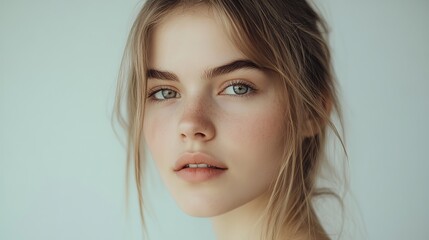 Fototapeta premium pretty Caucasian woman with radiant flawless skin, facial and skincare beauty industrial model portrait on soft light background