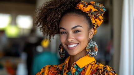 Fototapeta premium Smiling young woman with afro hairstyle and vibrant yellow outfit.