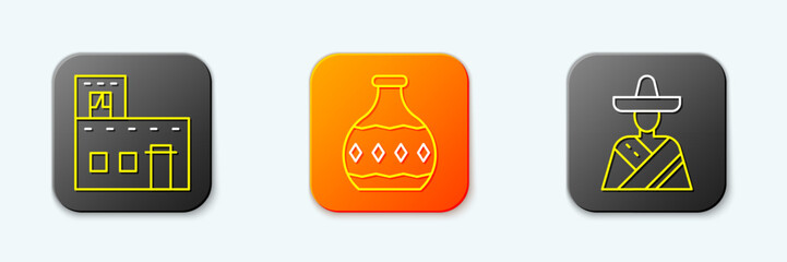 Set line Mexican house, Tequila bottle and man sombrero icon. Vector