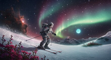 A vintage astronaut skiing through a cosmic galaxy, blending nostalgia with futuristic AI-generated elements.