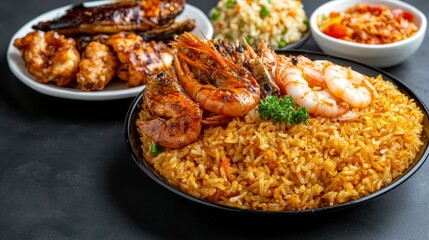 Fototapeta premium Grilled seafood platter featuring shrimp, fried rice, and chicken wings. A mix of cooked food items on multiple plates, arranged against a dark gray