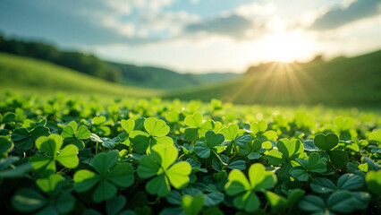 Fototapeta premium Emerald Fields: Lush Shamrock Meadow with Four-Leaf Clovers for St. Patrick's Day and Earth Day Campaigns