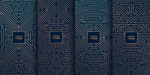Vector set of art deco luxury, fancy frames, wine labels, gold on blue backgrounds. Abstract premium package design, geometric foil graphic