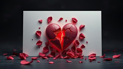 Broken Heart with Rose Petals Glowing Crack Red Sadness Romance Concept