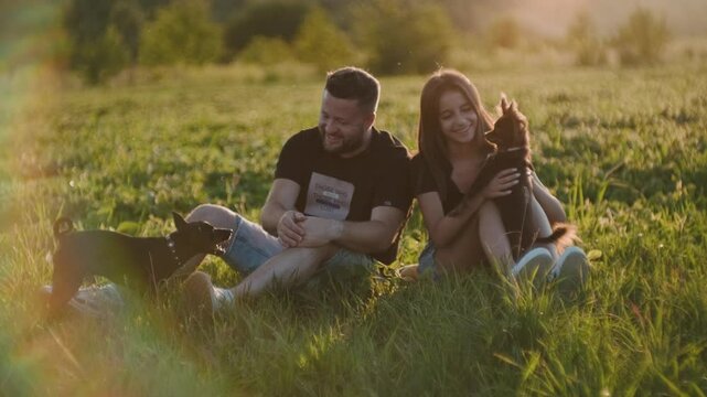 Smiling young couple playing with dogs in the field. Dog training, jumping, movement. Beautiful guy and girl in the park walking with animals.