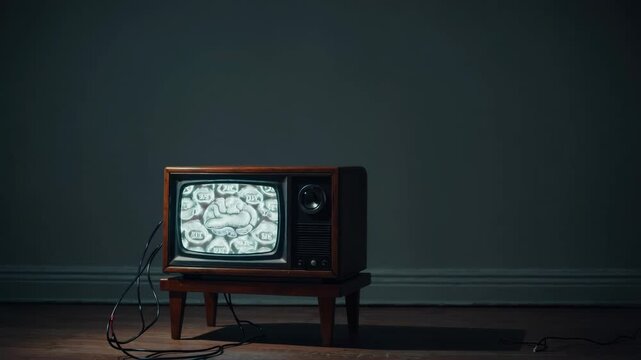 Old wooden television on a small stand showing a brain surrounded by talking mouths, representing the concept of brainwashing and propaganda in a dark room with copy space