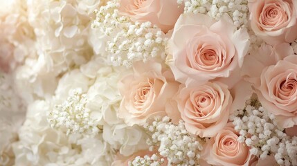 A romantic wedding centerpiece with blush pink roses, white hydrangeas, and delicate baby's breath creating an elegant atmosphere