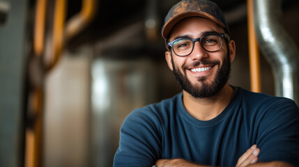 Fototapeta premium Professional portrait of plumber smiling in bright workplace