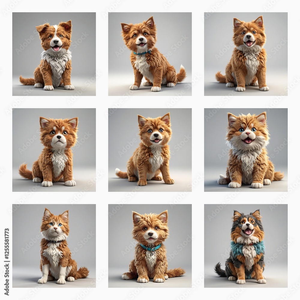 Poster nine images showcase a collection of cute brown and white puppies in various poses, each with unique