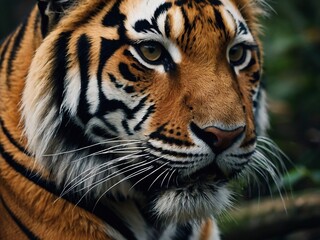 Obraz premium Majestic Tiger Close-Up in Tropical Habitat Showcasing Striking Orange Fur and Powerful Presence