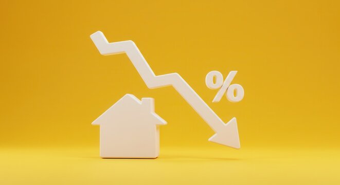 falling white chart arrow with percent icon on wide yellow background with mock up place. Falling interest rates and mortgage concept. 3D Rendering.