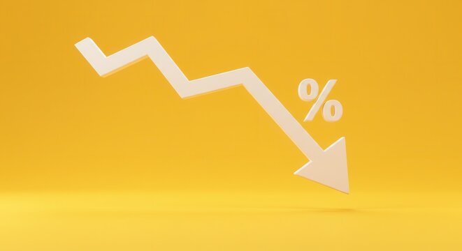 falling white chart arrow with percent icon on wide yellow background with mock up place. Falling interest rates and mortgage concept. 3D Rendering.