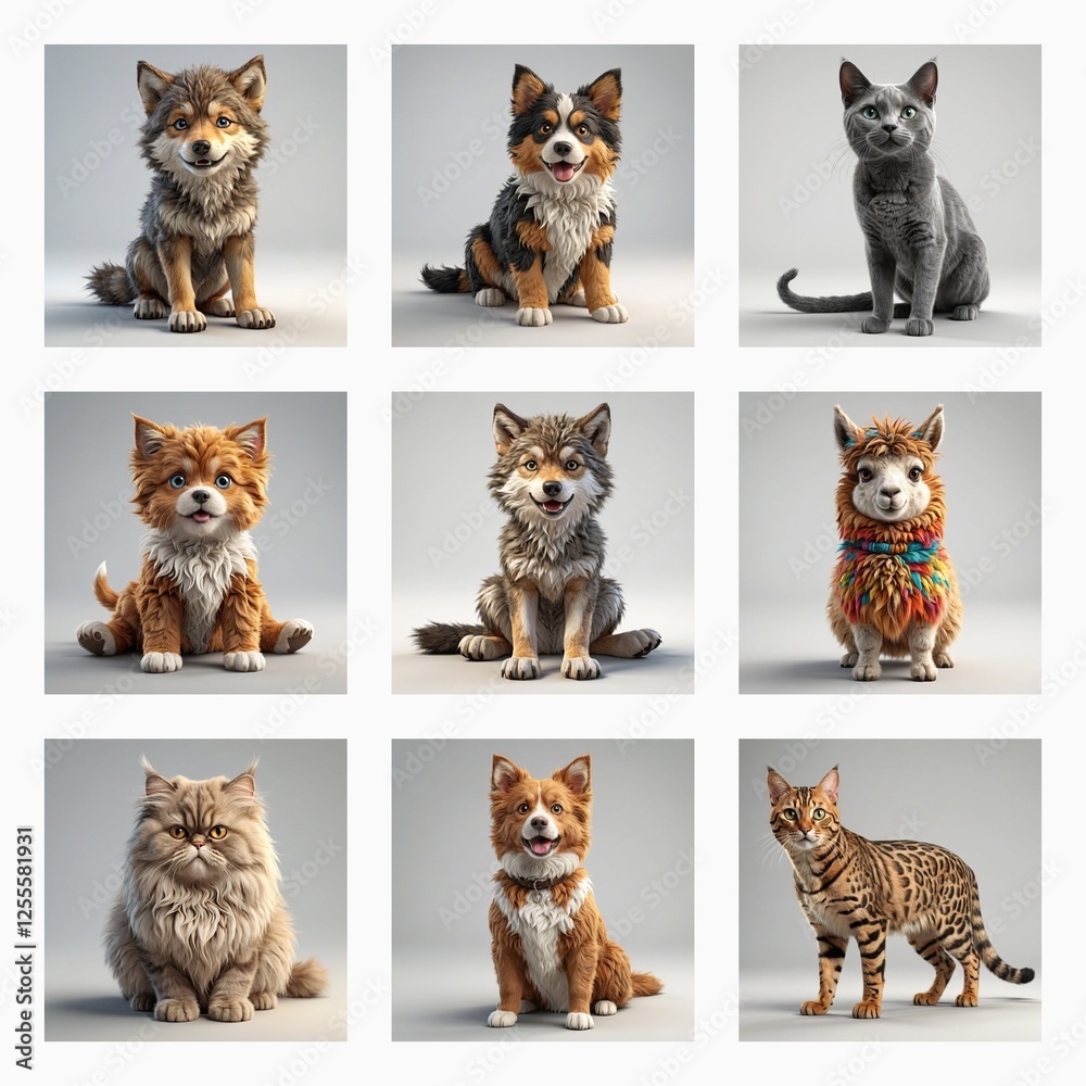 Poster a grid of nine animal portraits showcasing diverse cat and dog breeds in various poses on a plain li