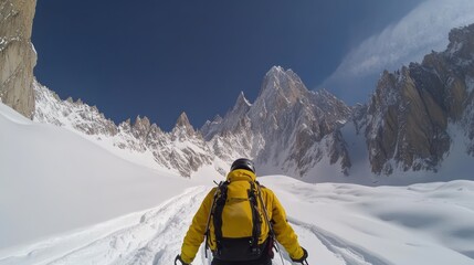 A skier in the mountains, the snow-covered peaks of the Alps against a blue sky