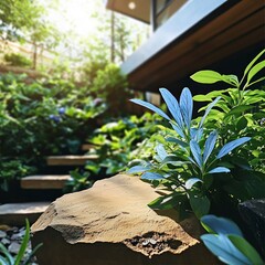 Stone Pathway Through Lush Garden with Modern House Background
