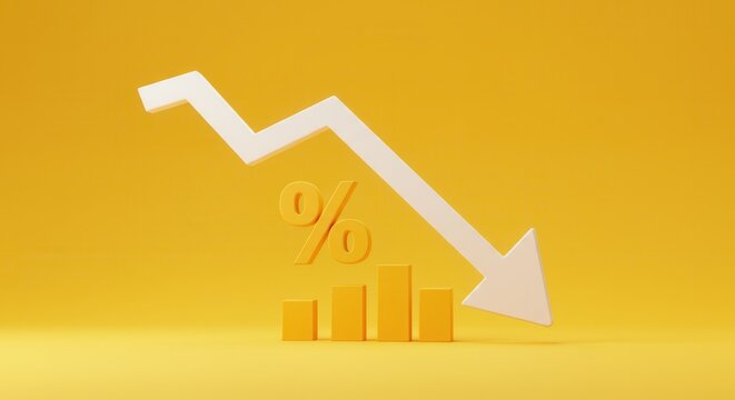 falling white chart arrow with percent icon on wide yellow background with mock up place. Falling interest rates and mortgage concept. 3D Rendering.