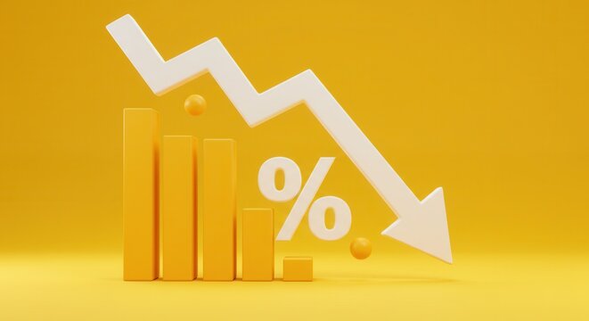 falling white chart arrow with percent icon on wide yellow background with mock up place. Falling interest rates and mortgage concept. 3D Rendering.