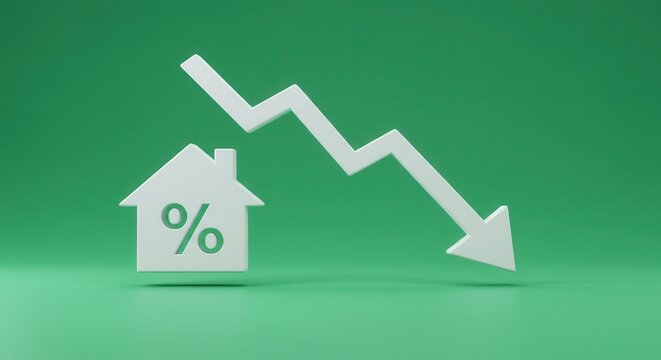 falling white chart arrow with percent icon on wide green background with mock up place. Falling interest rates and mortgage concept. 3D Rendering.