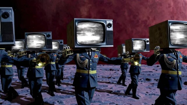 Soldiers marching in unison with old televisions as heads, playing trumpets on a rocky alien planet with a large red planet in the background, symbolizing propaganda and disinformation