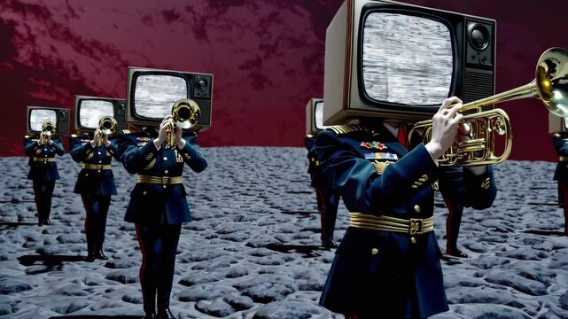 Military musicians marching in formation playing trumpets with old televisions instead of heads, symbolizing propaganda and disinformation spread through mass media, against a dramatic red sky