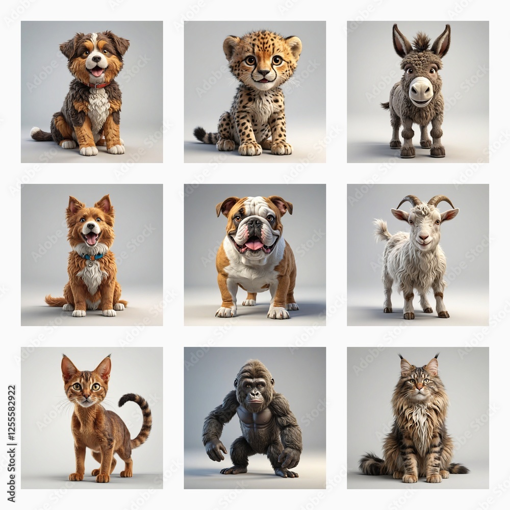 Poster nine different cute animals are displayed in a grid against a plain background. various species are 