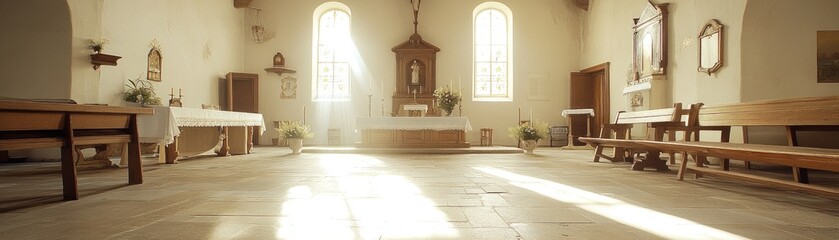 Sunlit church interior, peaceful ambiance, stained glass, wooden pews.  Spiritual serenity