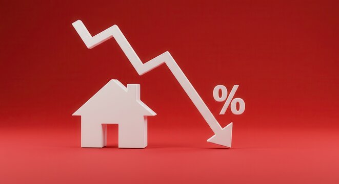 falling white chart arrow with percent icon on wide red background with mock up place. Falling interest rates and mortgage concept. 3D Rendering.