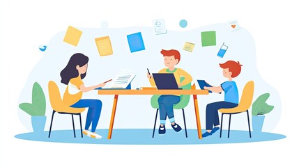 Parents helping their children with homework at a cozy dining table, engaging in education.