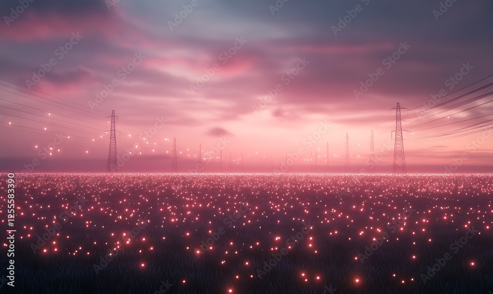 Poster surreal landscape with glowing lights and power lines under a colorful sunset sky.