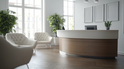 Simple, modern reception desk in a well-lit space with comfortable seating and elegant decor