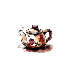 Watercolor Illustration of a Vintage Floral Teapot