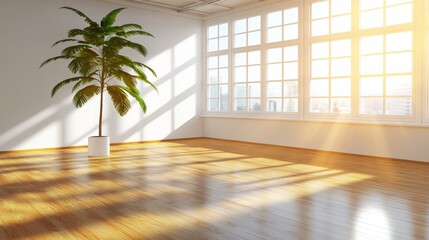 Sunlit Minimalist Room with Palm Plant and City View