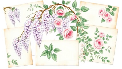 Elegant Watercolor Roses and Lilacs on Vintage Paper Cards Floral Design Elements for Wedding