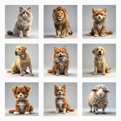 Nine animal portraits are arranged in a grid on plain backgrounds.  The set features a cat, lion, fox, dogs including labrador, puppy, golden retriever, corgi, sheep.