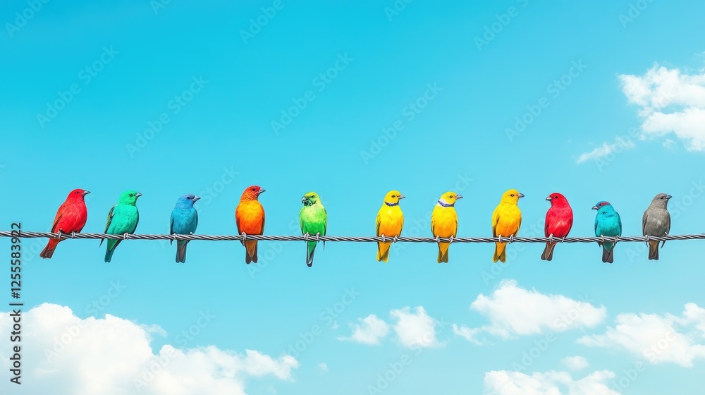 Aufkleber A row of colorful birds perched on a power line against a bright azure sky, creating a lively and cheerful scene full of natural energy