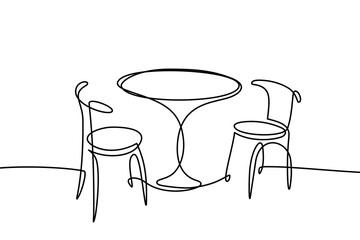 Garden chairs and table in continuous line art drawing style. Classic style dining room furniture black linear sketch isolated on white background. Vector illustration