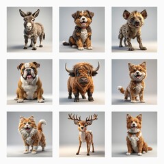 A grid of nine square images showcasing diverse, digitally rendered animals.  Each animal is uniquely posed against a plain background, highlighting their features.