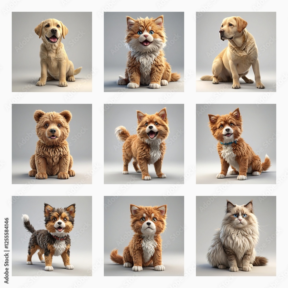 Poster a grid of nine images displays different breeds of dogs and puppies with various coat colors, all pi