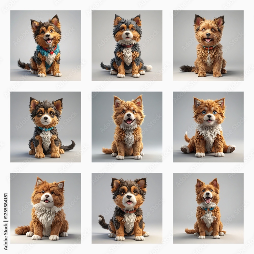 Poster nine cute puppy dogs with fluffy fur sit attentively in a grid of nine images. each dog is slightly 
