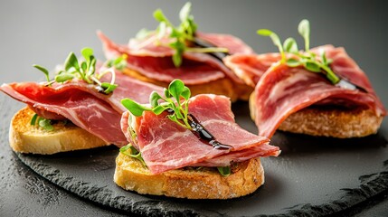 Iberico cured meat enhances flavorful appetizers. Gourmet toast topped with cured meat and fresh sprouts on a black slate plate.