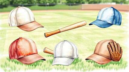 Watercolor Baseball Caps Bats and Glove on Grassy Field
