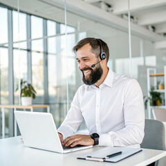 An Indian customer support representative handling service requests and providing assistance using a laptop.