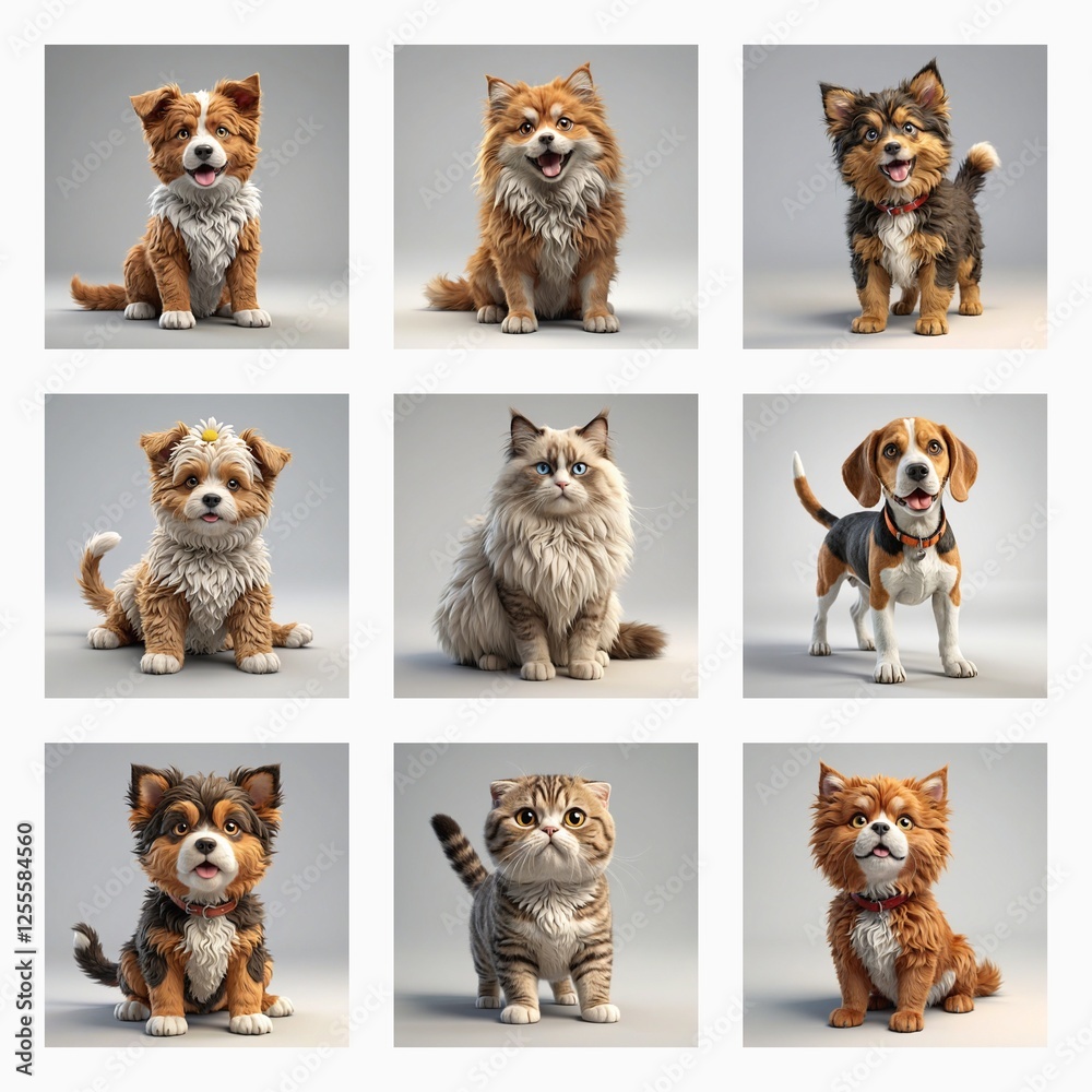Aufkleber nine cute animal portraits in a grid. mostly dogs and some cats are sitting in a studio setting with