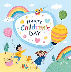 Fototapeta premium Happy Childrens Day Illustration Joyful Kids Celebration, banner, poster, gift card and Happy Childrens Day Background.