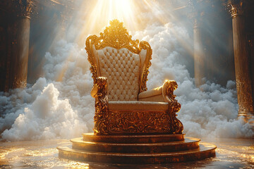 Ornate throne in majestic hall with clouds and light rays, ideal for fantasy concepts